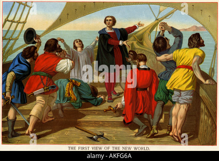 Der erste Blick auf die Neue Welt des Christopher Columbus und seiner Seeleute an Bord der Santa Maria 1492. Farblithographie Stockfoto
