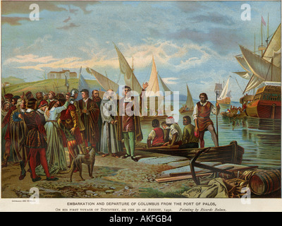 Abfahrt von Columbus mit seiner ersten Expedition von Palos Spanien 1492. Farblithographie Stockfoto