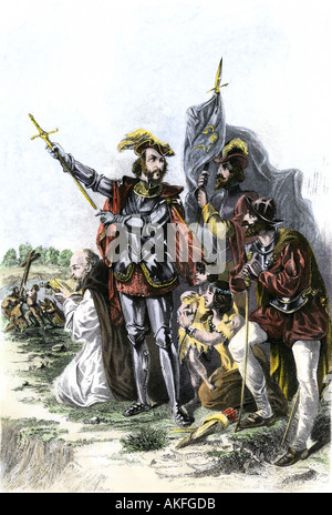 Spanischer Forscher Hernando De Soto die Entdeckung der Mississippi River 1540. Handcolorierte Stahlstich Stockfoto