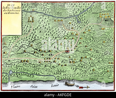 Fort Rozalie des Natchez am Mississippi 1700, Norden ist rechts. Hand - farbige Holzschnitt Stockfoto