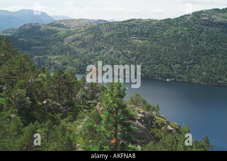 Trail zu Prekestolen oder dem Preikestolen durch die Berge zum Lysefjord in der Nähe von Stavanger Norwegen Stockfoto