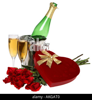 Champagner, Rosen und Valentinstag Schokolade Stockfoto