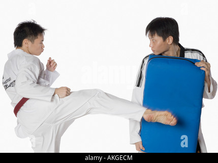 Männliche Karate-Lehrer unterrichten Kampfkünste zu einem jungen Mann Stockfoto