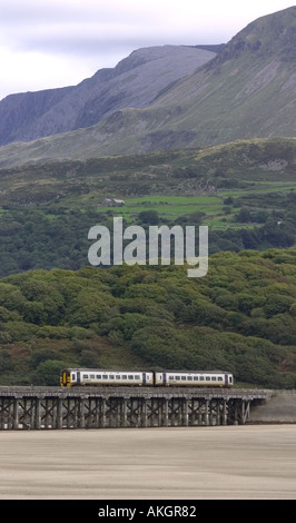 Arriva trainieren kreuzenden Fluss Afon Mawddach bei Barmouth in Wales Stockfoto