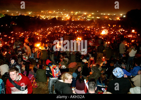 Der Steinkreis bei Nacht Glastonbury Musikfestival würdig Farm Somerset England Stockfoto