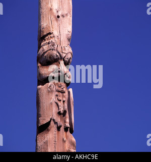 (Männliche) Gitxsan Totempfahl, Kispiox, Northern BC, Britisch-Kolumbien, Kanada Stockfoto