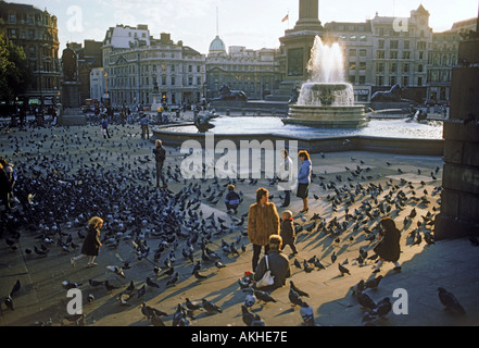 Tauben Tauben und Kinder auf dem Trafalagar Platz in London Stockfoto