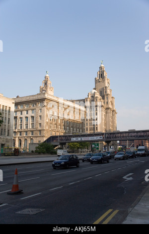 Royal Liver Building und Cunard Buiding vom Strand, Liverpool, England Stockfoto