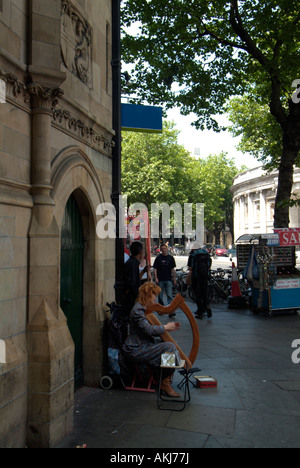 Weibliche Musiker spielt die Harfe gegenüber Trinity College Dublin in Irland im Sommer Stockfoto