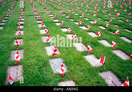 Kanadische Flaggen auf den Gräbern der gefallenen Soldaten der letzte Post-Friedhof in Pointe-Claire Quebec Kanada Stockfoto