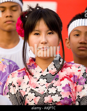 Eine Nahaufnahme eines Mädchens japanische Kleidung auf einem Bon Odori Festival, Malaysia Stockfoto