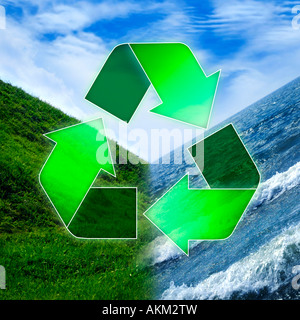 Recycling-symbol grüne Pfeile über drei Elemente Wasser, Erde und Luft Stockfoto