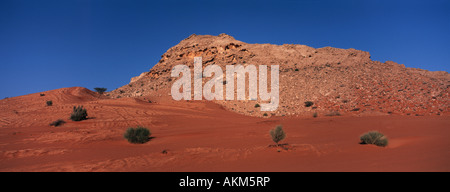 Ausflug in den Sanddünen Panorama des roten Sand, Wüste und felsigen Aufschlüssen "Vereinigte Arabische Emirate" Middle East in Dubai Stockfoto