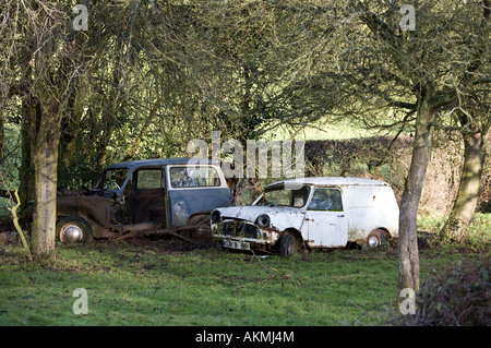 Eine alte Hillman Husky links und eine alte Min van Fäulnis in einem Feld in Herefordshire, England UK Stockfoto