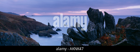 Morgendämmerung auf den Klippen über Warren Bucht mit den Bettlern tanzen und der Stein der Mew über nr Dartmouth South Devon England UK Stockfoto
