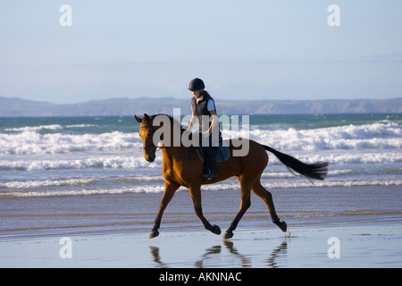 Junge Frau reitet auf einem Pferd Bucht auf breiten Haven Beach Pembrokeshire Wales Großbritannien Stockfoto