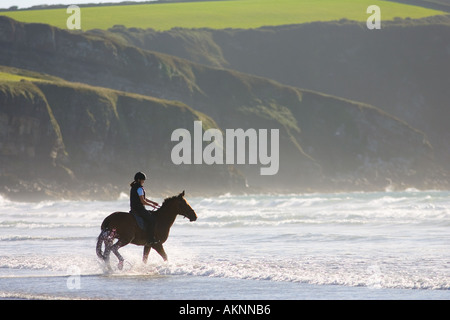 Junge Frau reitet auf einem Pferd Bucht auf breiten Haven Beach Pembrokeshire Wales Großbritannien Stockfoto