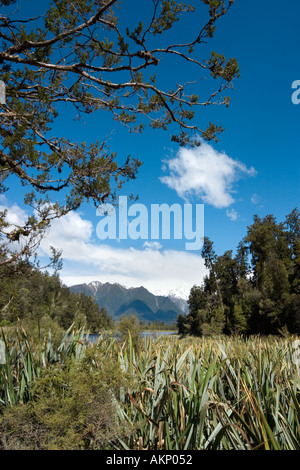 Blick auf Mount Cook und Mount Tasman, Lake Matheson, in der Nähe der Fox-Gletscher, Südinsel, Neuseeland Stockfoto