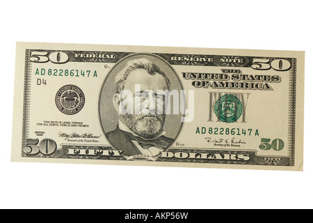 Fünfzig-Dollar-Schein isoliert auf weißem Hintergrund Stockfoto