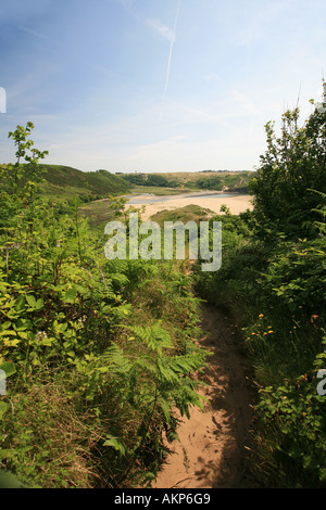 Drei Klippen Bucht und der Pennard Burrows betrachtet von Penmaen touristischen Weg Gower Küste Wales Großbritannien Großbritannien Europa Stockfoto