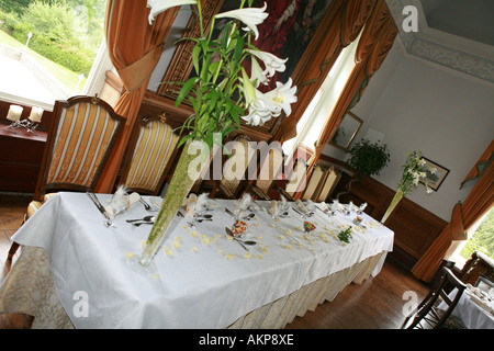 Eine traditionelle Tisch der eine Hochzeit Empfang Frühstück im Vereinigten Königreich, wo die Braut, Bräutigam und unmittelbare Familienmitglieder sitzen Stockfoto