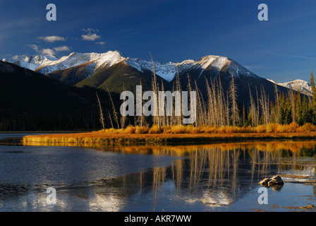 Erste Licht bei Sonnenaufgang am ersten Vermilion See im Herbst Schwefel Mountain Sanson Peak kanadischen Rocky Mountains Banff Nationalpark Alberta Kanada Stockfoto