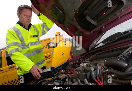 AA Streifenpolizist mit seinem Laptop Diagnose Toolkit auf einem am Straßenrand Aufschlüsselung UK GB Stockfoto