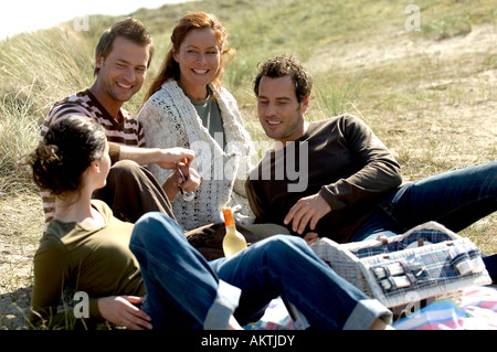 Gruppe von Freunden mit einem Picknick in einem Feld Stockfoto