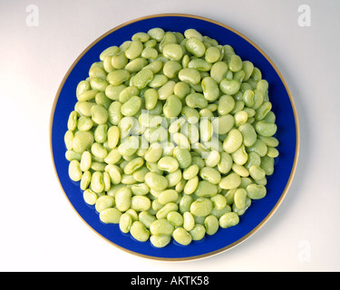 kleines Baby grün Limabohnen auf blau Goldrand Teller Tiefkühlgemüse Bon Appetit Butterbohnen Stockfoto