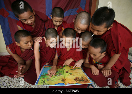 Die Mehrheit der Mönche in Nepal sind Flüchtlinge aus Tibet und Leben in den Klöstern in Nepal junge Mönche hier zur Schule gehen Stockfoto