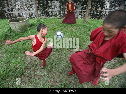 Tibetische Mönche Fußball zu spielen. Die Mehrheit der Mönche in Nepal sind Flüchtlinge aus Tibet und Leben in den Klöstern Stockfoto