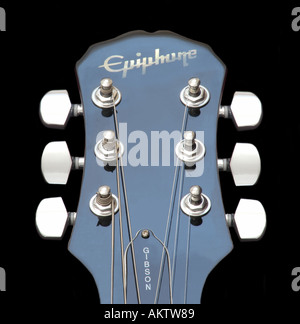 Gibson Epiphone Les Paul e-Gitarrenmusik Ton Nahaufnahme der Kopfplatte Ansicht Stockfoto