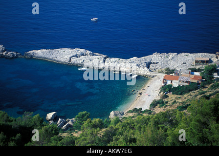 Luftaufnahme des Strandes in der Nähe von Milna Hvar Insel Dalmatien Kroatien Stockfoto