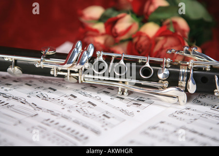 Klarinette und Strauß Rosen auf rotem Samt Hintergrund Stockfoto