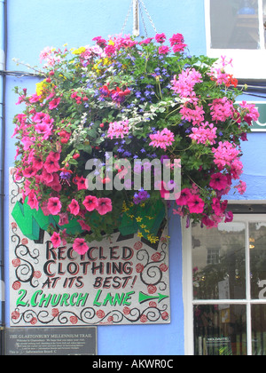 Blumenampel mit bunten Blumen Glastonbury Stadt Stockfoto