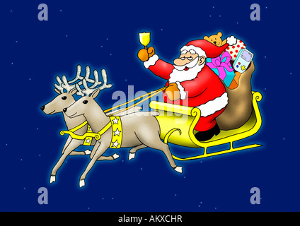 Weihnachtsmann in seinem Schlitten mit Rentier fliegen sitzen Stockfoto