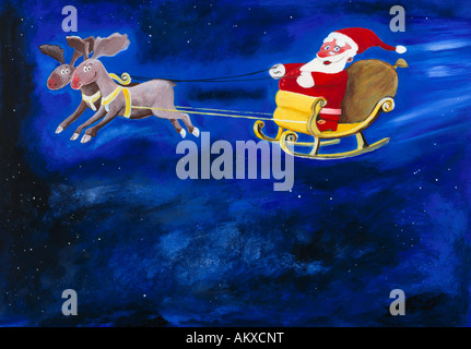 Santa Claus in seinem fliegenden Schlitten mit Rentier, Abbildung Stockfoto