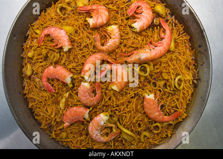 Pfanne mit Fideuà, Paella mit Pasta und Meeresfrüchte, Spanien, Europa Stockfoto