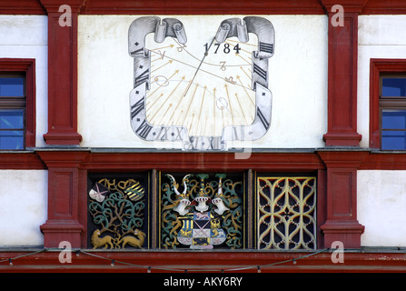 Renaissance-Giebel, Sonnenuhr, altes Rathaus, Plauen, Vogtland, Sachsen, Deutschland Stockfoto