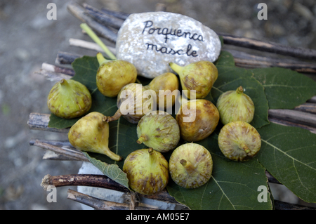 Verschiedene Arten von Feigen auf einer im Freien Stand. Stockfoto