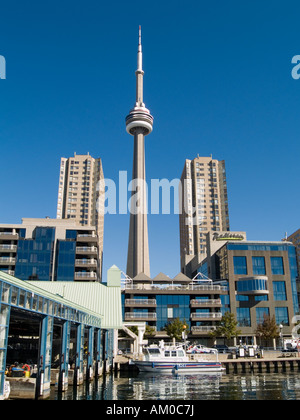 Der CN Tower aus Queens Quay an der Harbourfront in der Stadt von Toronto, Ontario Kanada betrachtet Stockfoto