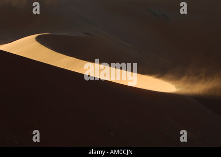 Sichelförmige Düne während Sandsturm im Gegenlicht, Namib-Wüste, Namibia, Afrika Stockfoto