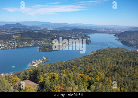 Blick vom Pyramidenkogel Wörthersee See und Maria Woerth, Kärnten, Österreich Stockfoto