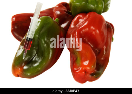 Spritze in einem Paprika gm Ogm Essen genetische Modificarion gentechnisch veränderte Steuerung Laborexperiment Stockfoto