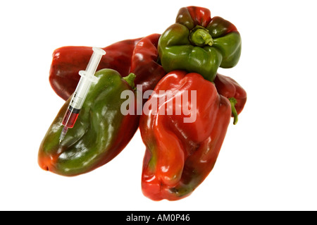 Spritze in einem Paprika gm Ogm Essen genetische Modificarion gentechnisch veränderte Steuerung Laborexperiment Stockfoto