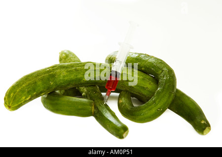 Spritze in grünen Gurken gm Ogm Essen genetische Modificarion gentechnisch veränderte Laborexperiment Kontrolle Stockfoto