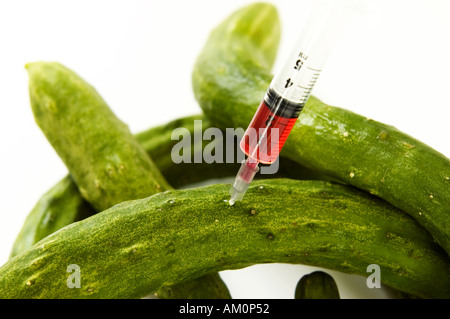 Spritze in grünen Gurken gm Ogm Essen genetische Modificarion gentechnisch veränderte Laborexperiment Kontrolle Stockfoto