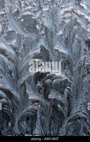 Maßwerk auf einer mattierten Fensterscheibe eines Autos - Eisblumen Stockfoto