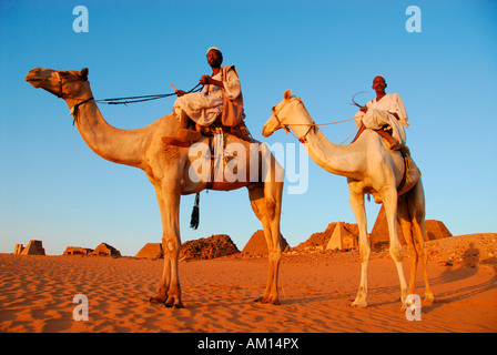 Nomaden auf Kamelen vor den Pyramiden von Meroe, Meroe, Sudan Stockfoto