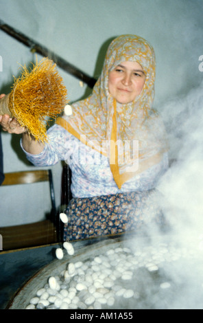 Seidenraupe Arbeiter arbeiten mit der Kokons und feine Fäden in den Entscheidungsprozess Seide Stockfoto